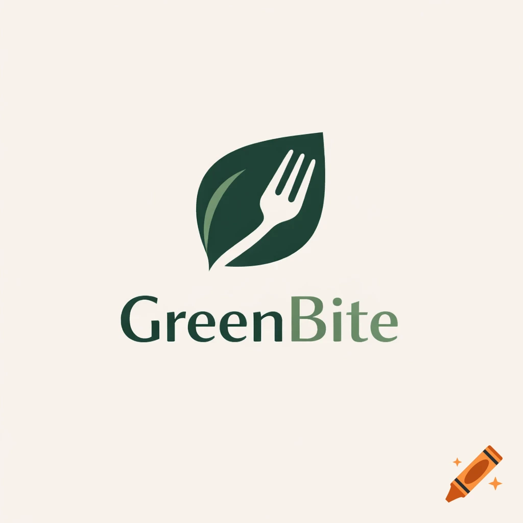 Minimalist logo of a white fork on a dark green leaf, with the text 'GreenBite' below.