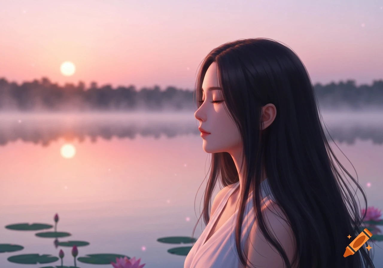 Stylized portrait of a young woman with long dark hair, eyes closed, beside a misty lake at sunrise with lotus flowers.