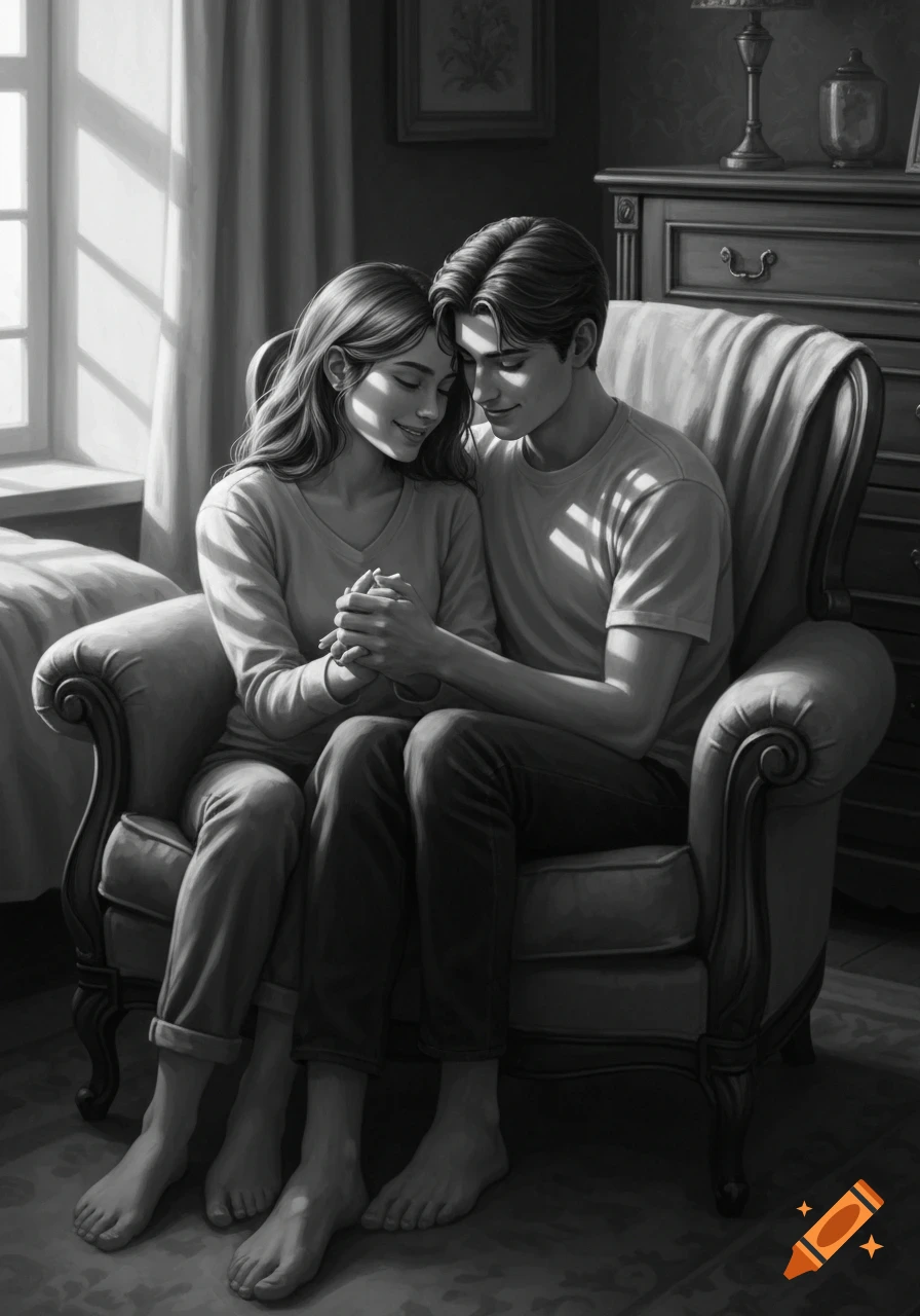 A romantic black and white digital painting of a young couple sitting closely on a chair, holding hands, in a sunlit bedroom.