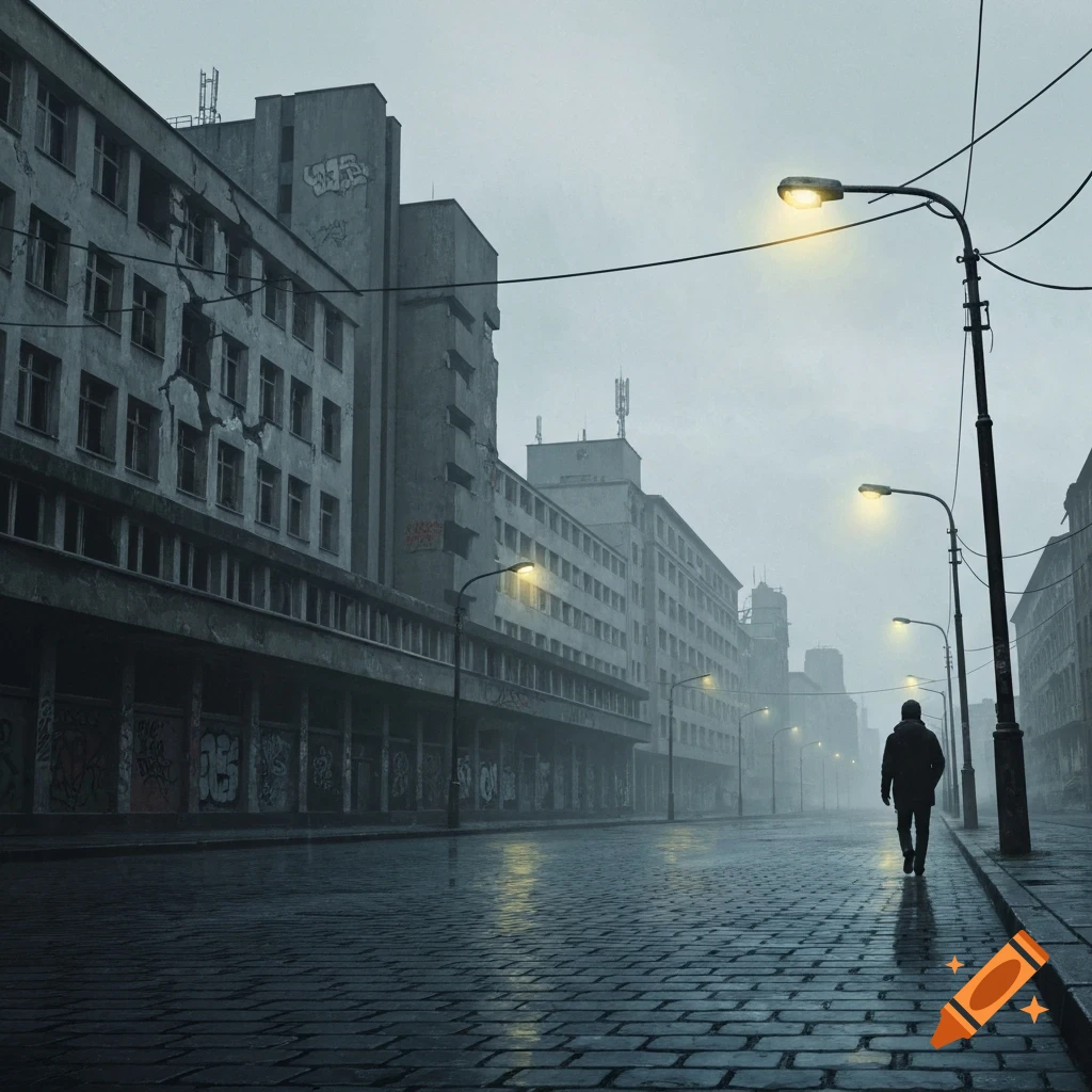 A lone figure walks down a wet, cobblestone street lined with dreary, dilapidated concrete buildings and glowing streetlights on a foggy day.