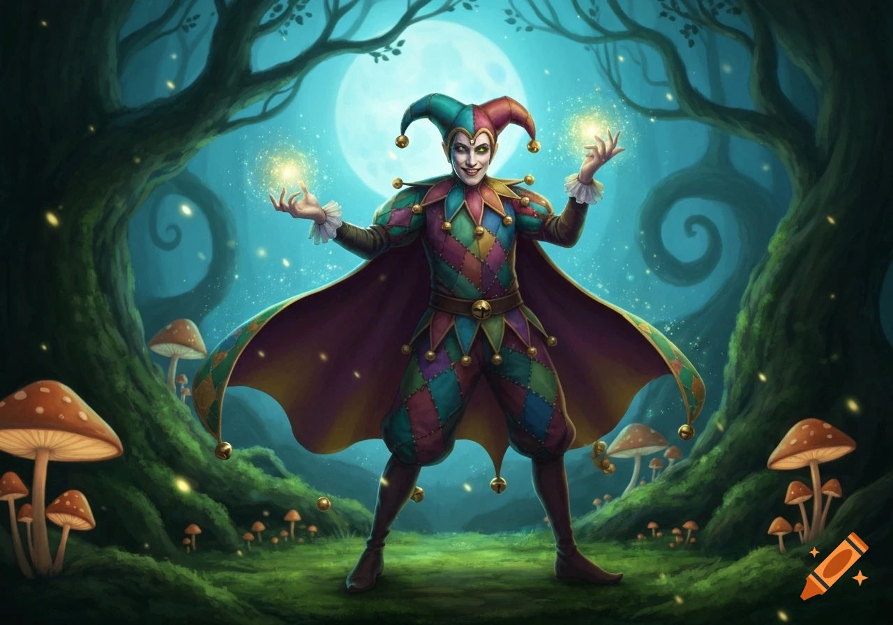 A colorful jester in a harlequin outfit holds glowing magic orbs in a whimsical, moonlit forest with mushrooms.