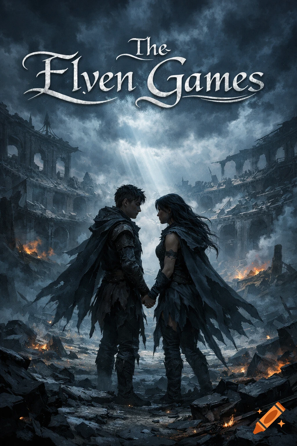 Two figures in dark, torn attire hold hands in a ruined arena under a dramatic, cloudy sky, with the title 'The Elven Games' above.