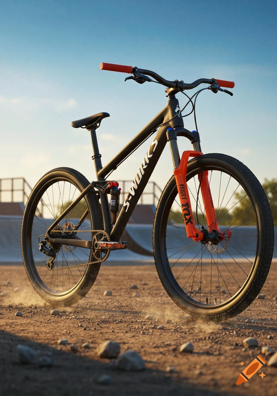 A black dirt jumper mountain bike with orange front forks and grips stands on a dirt track, with skate park ramps in the background under a blue sky. Photorealistic.