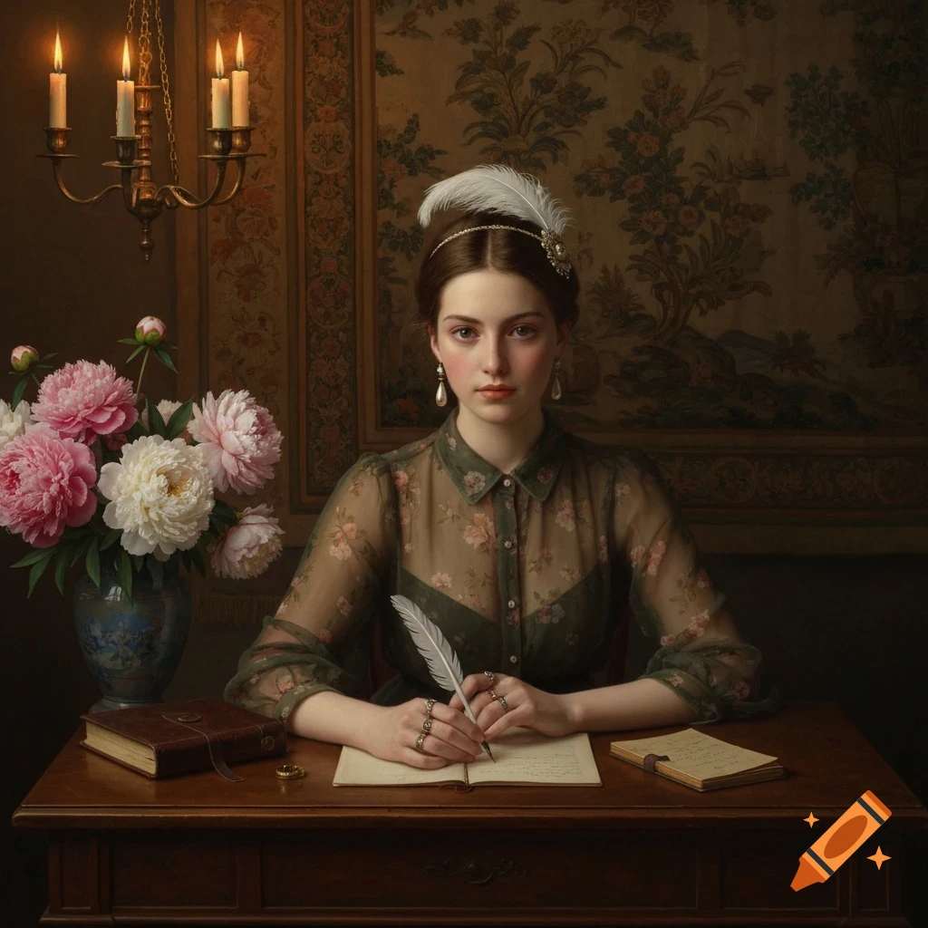 Classical oil painting of a young woman writing with a quill at a wooden desk, surrounded by peonies and a tapestry.
