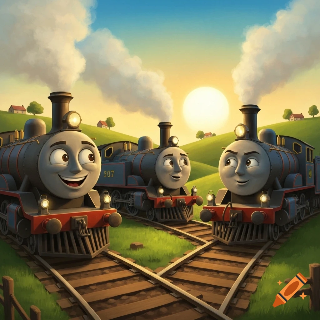 Three smiling cartoon trains on intersecting tracks in a sunny, green countryside with hills and houses.