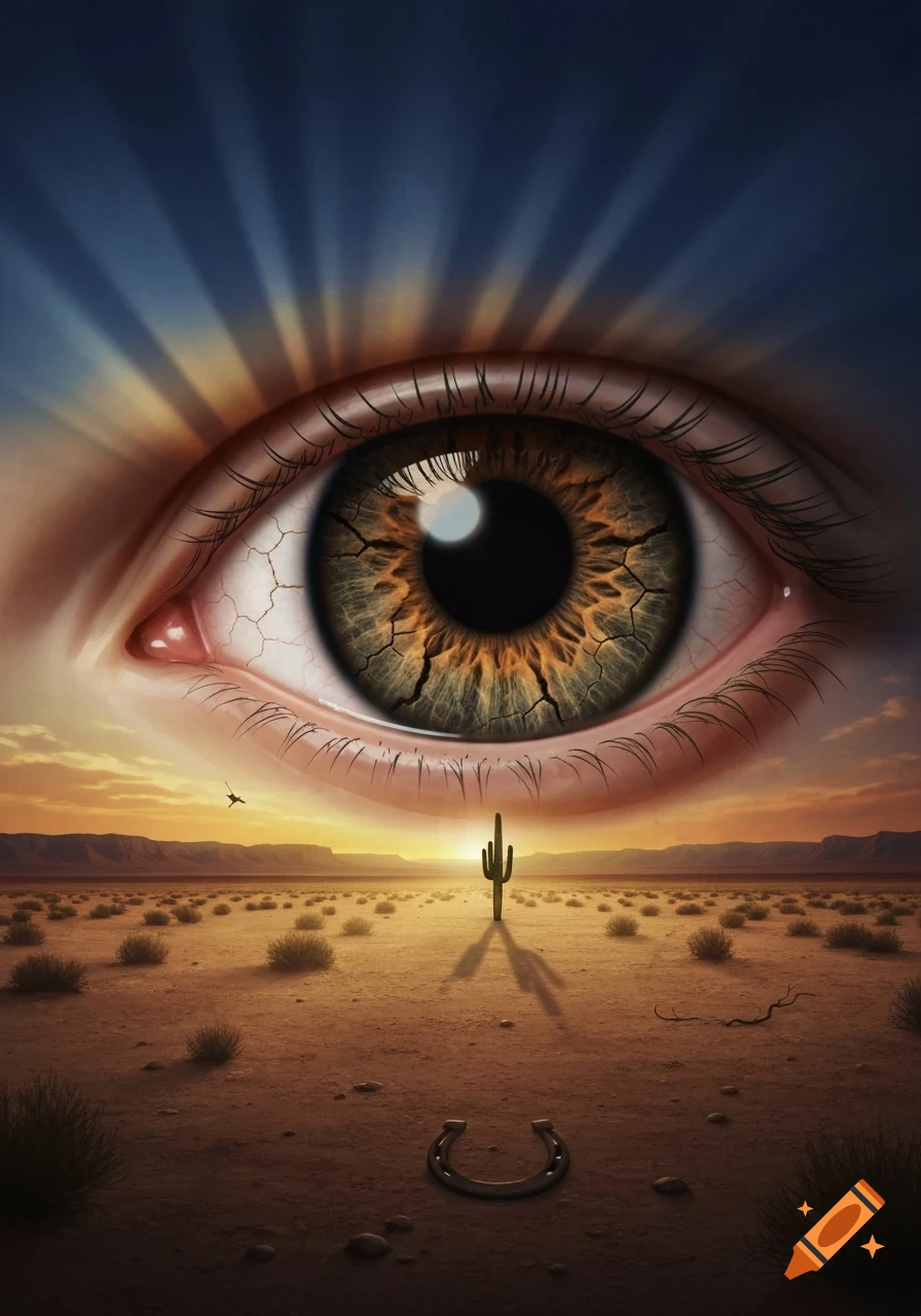 A large, surreal eye with a cracked iris overlooks a desert landscape with a cactus, horseshoe, and sunset sky.