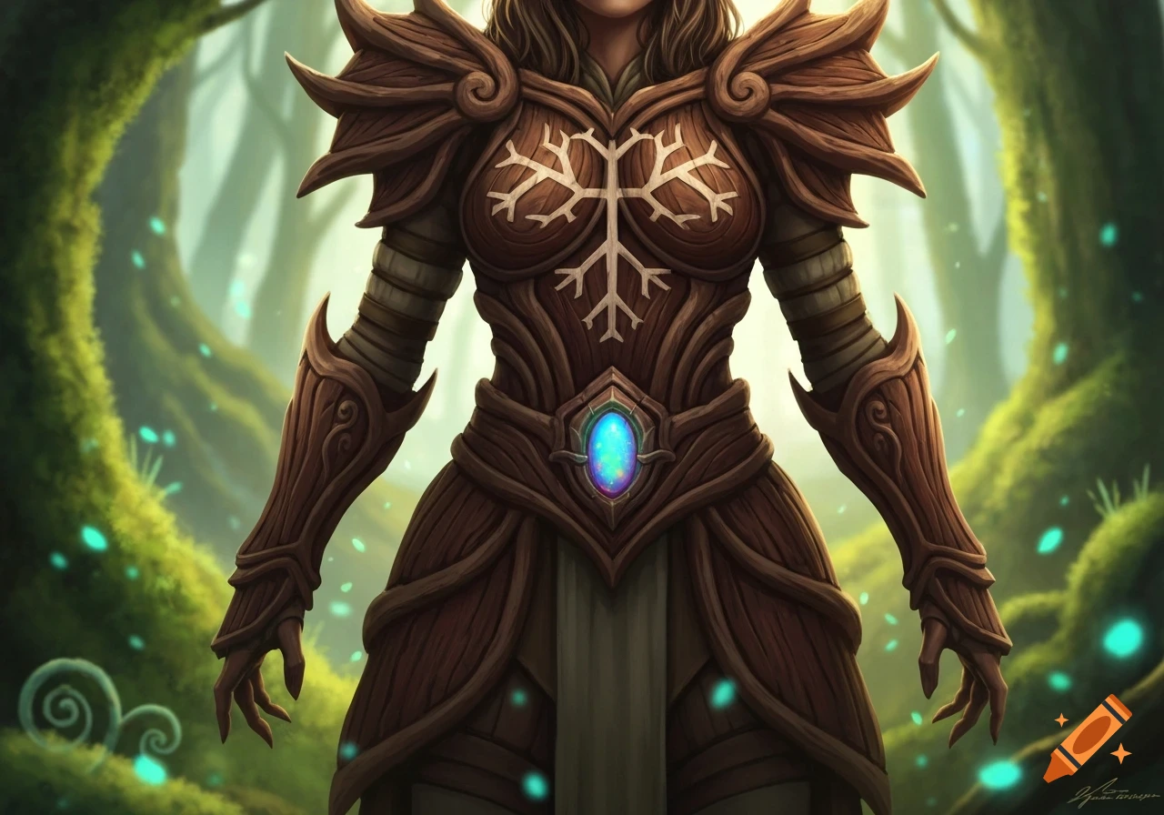 A close-up of a fantasy druid wearing ornate, deep brown wood-like armor with a white Yggdrasil marking on the chest and a glowing blue opal at the waist, set in a mystical forest.