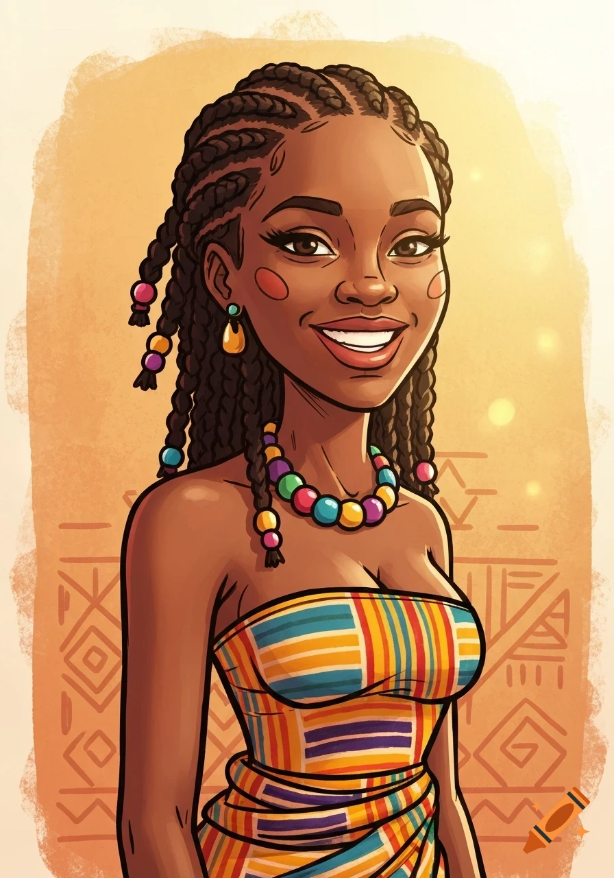 A smiling doodle character of a Ghanaian woman with braided hair, colorful beaded jewelry, and a vibrant striped kente-like dress.