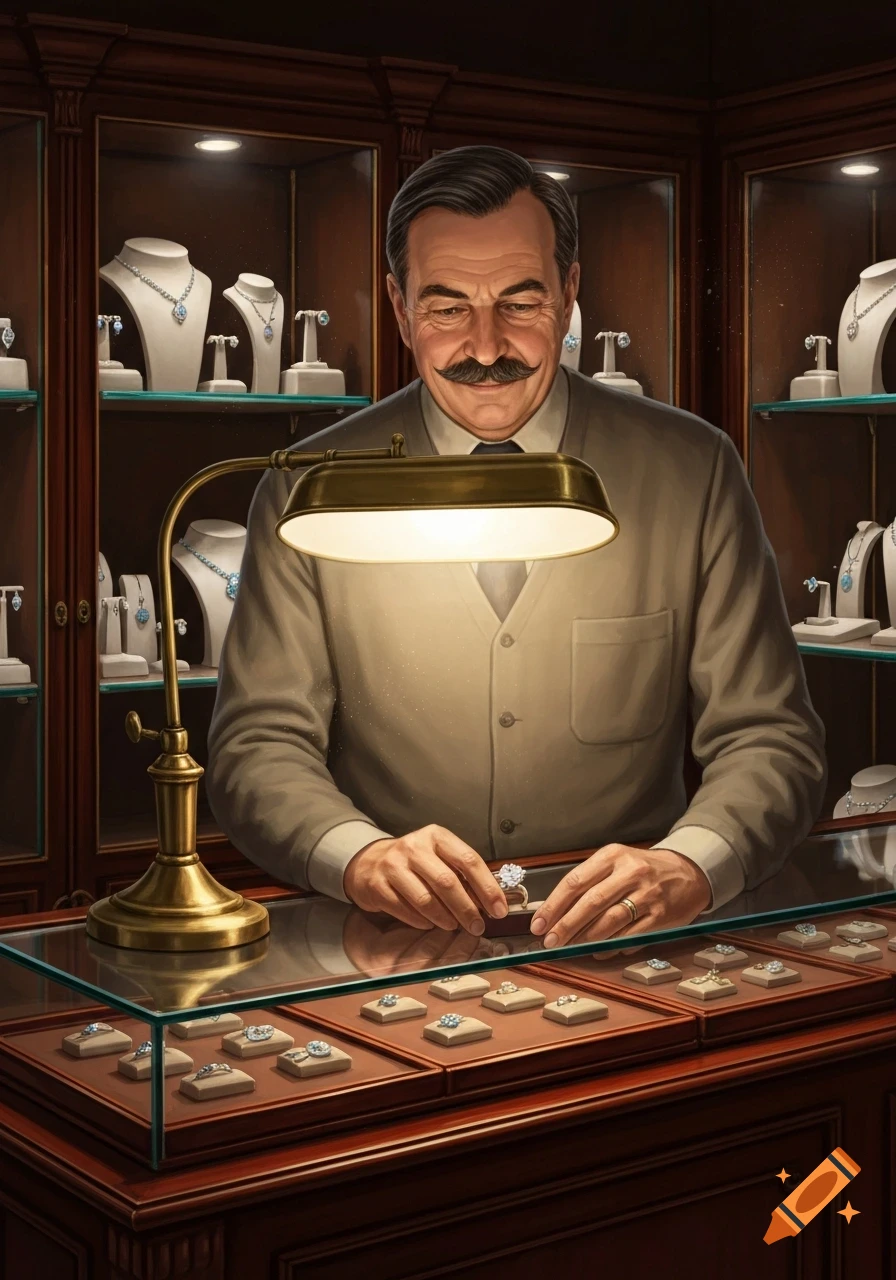 A mustachioed jewelry salesman in a vest meticulously examines a diamond ring under a lamp in a well-lit display case.