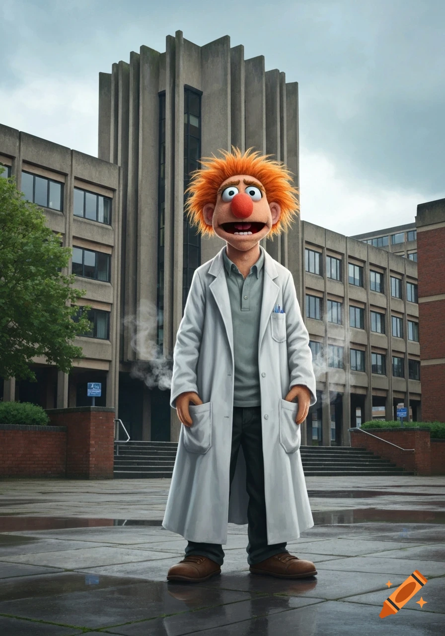 A photorealistic Beaker from The Muppets, wearing a lab coat, stands smiling in front of a brutalist university building.