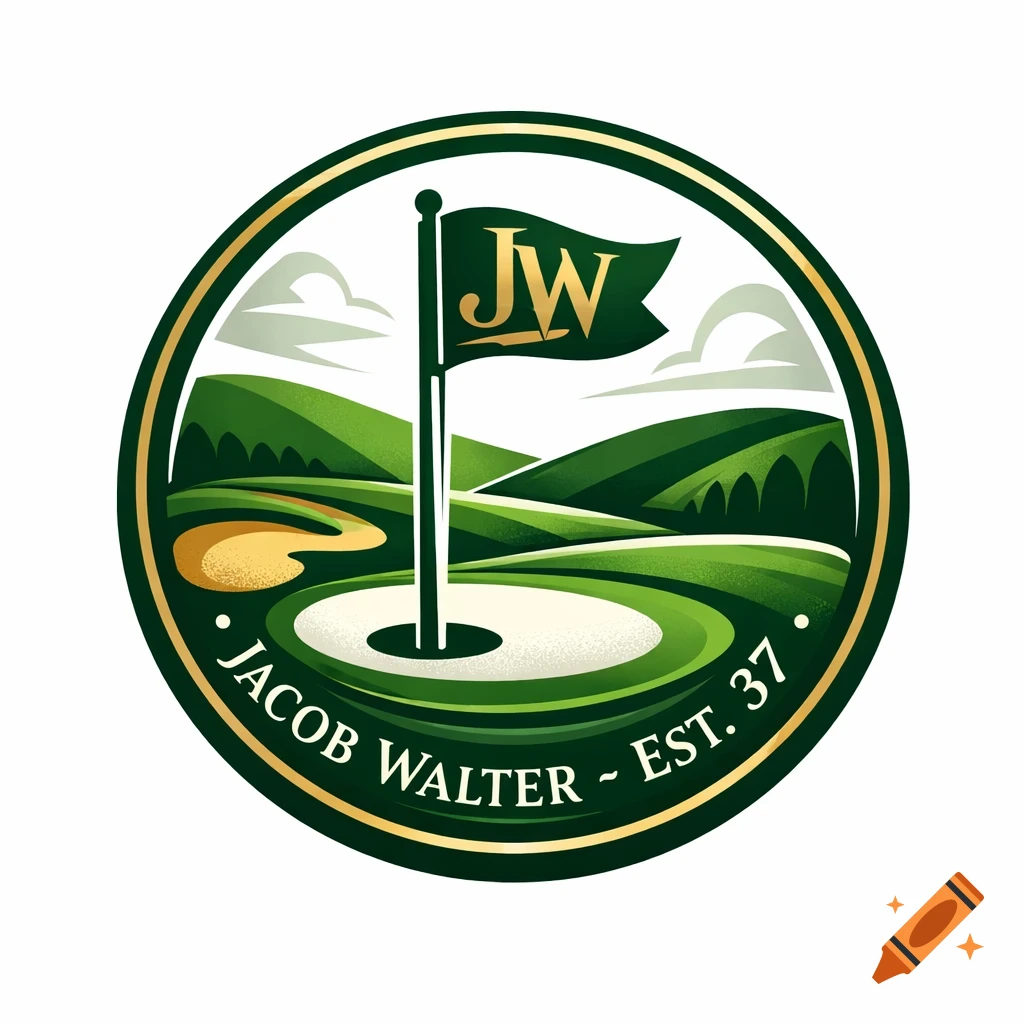 A circular golf logo in green and gold, featuring a golf course scene with a flag bearing 'JW' initials and text 'JACOB WALTER ~ EST. 37'.