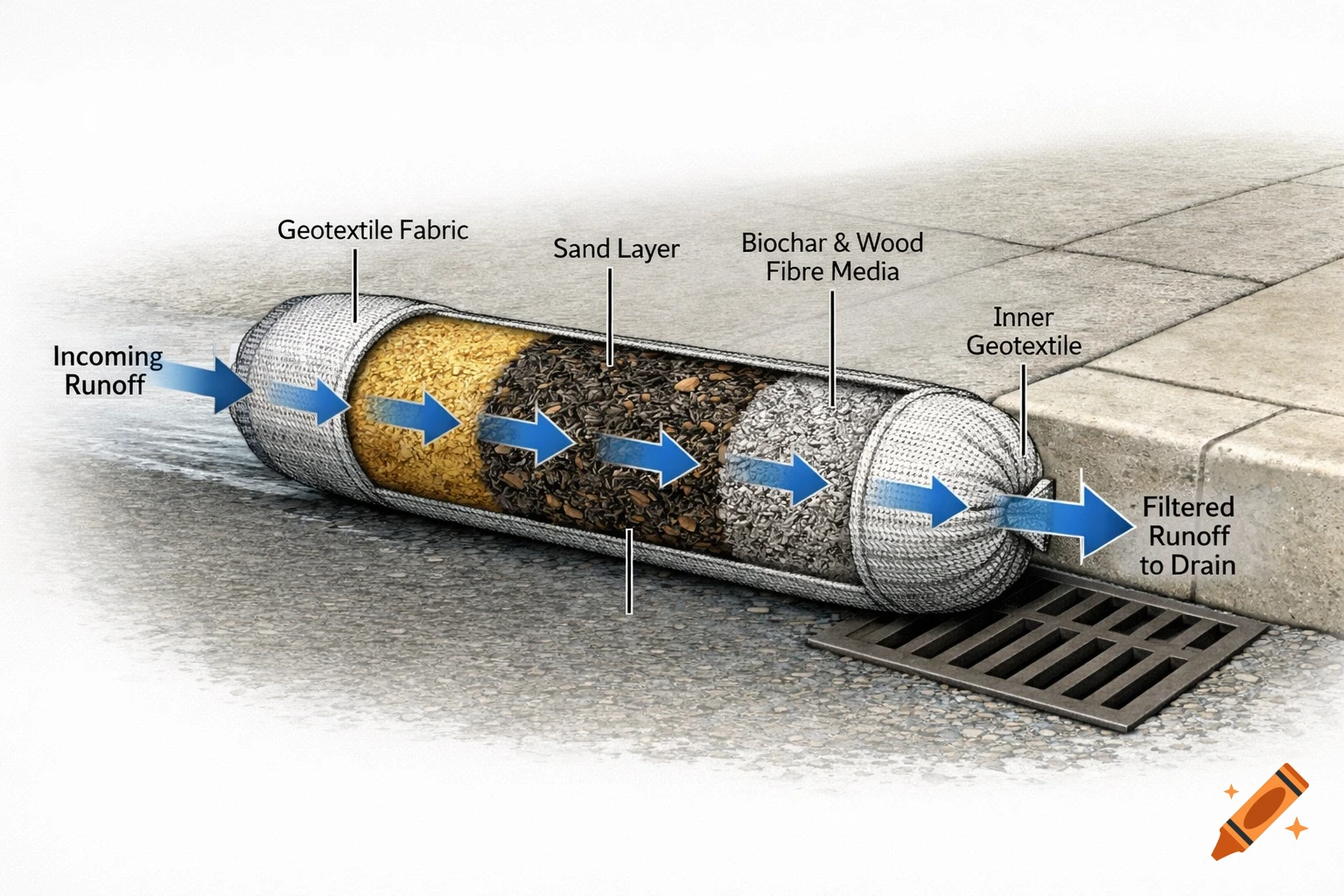 A detailed cross-section illustration of a stormwater sock filter, showing incoming runoff flowing through geotextile fabric, sand, biochar, wood fiber media, and inner geotextile, then draining.