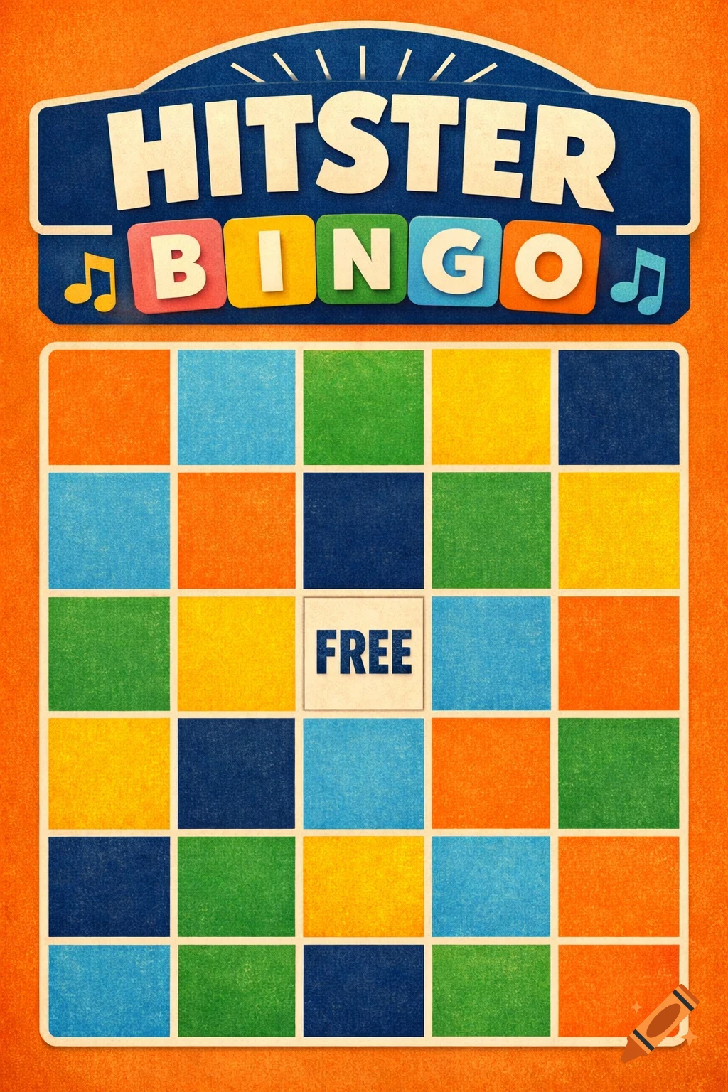 A colorful 'Hitster Bingo' card with a grid of orange, dark blue, light blue, green, and yellow squares, and a 'FREE' square in the center.