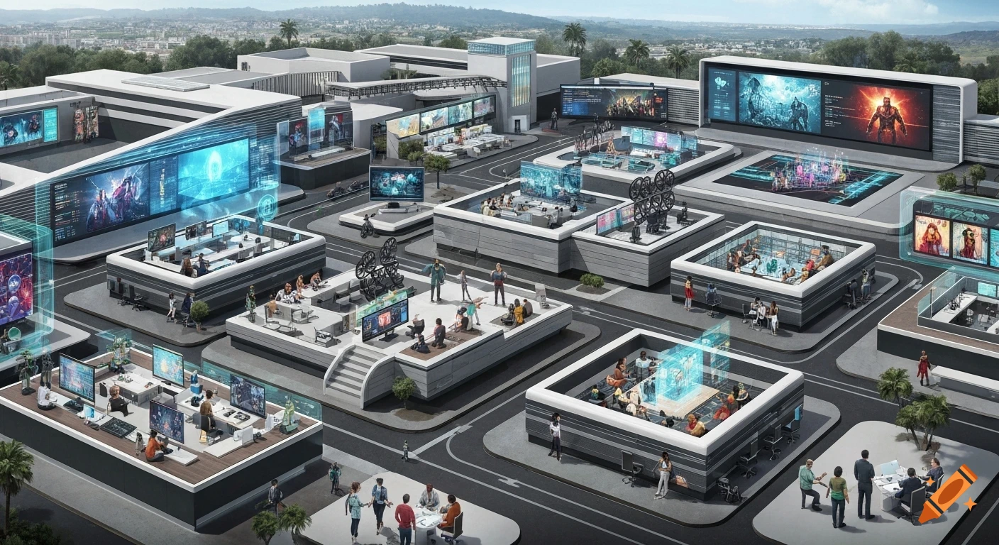 An aerial view of a futuristic Marvel Studios campus with multiple modular buildings, large screens, holographic interfaces, and diverse teams working.