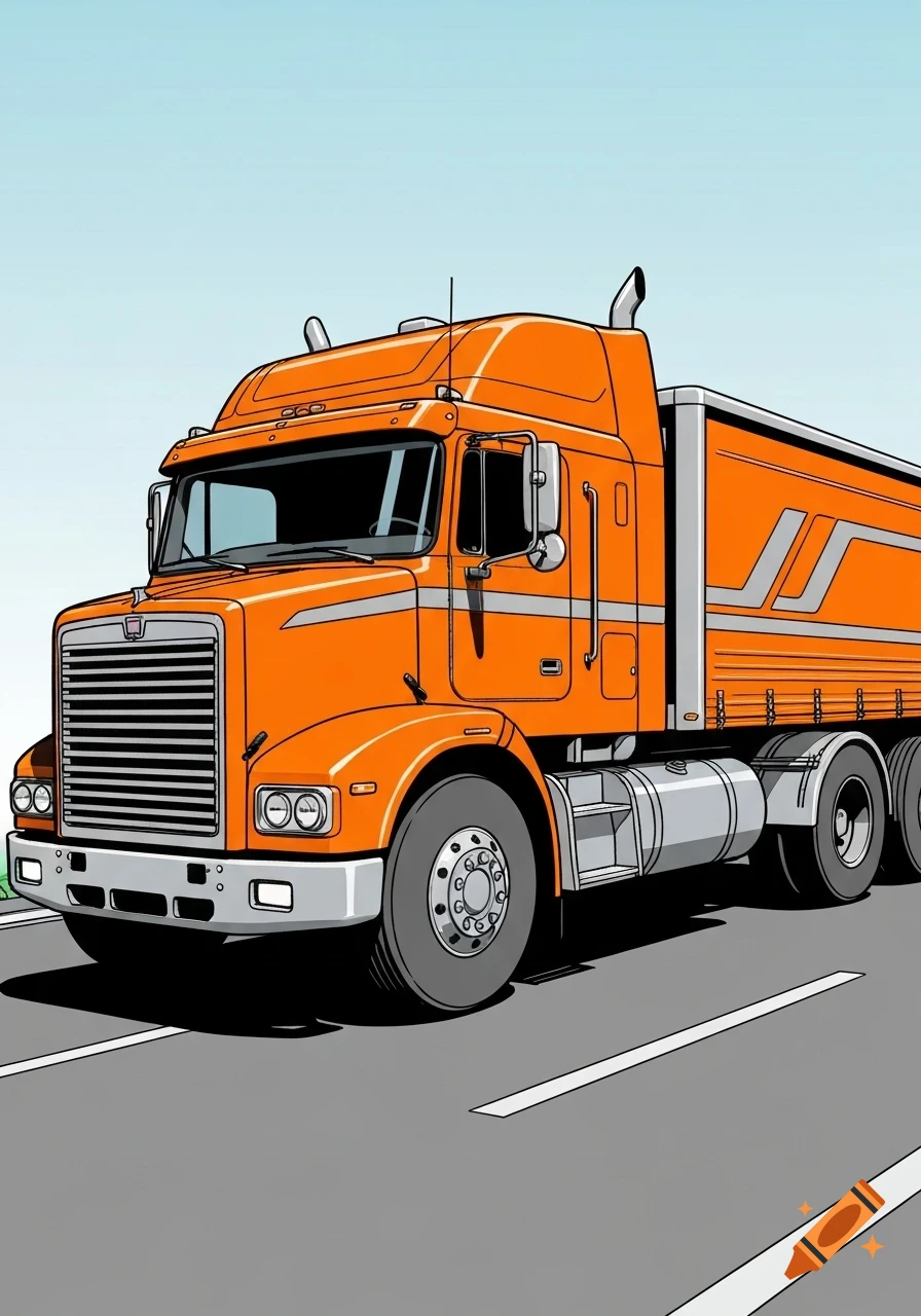 An orange heavy-duty semi-truck with grey accents, driving on a road in a clean ligne claire comic style digital illustration.