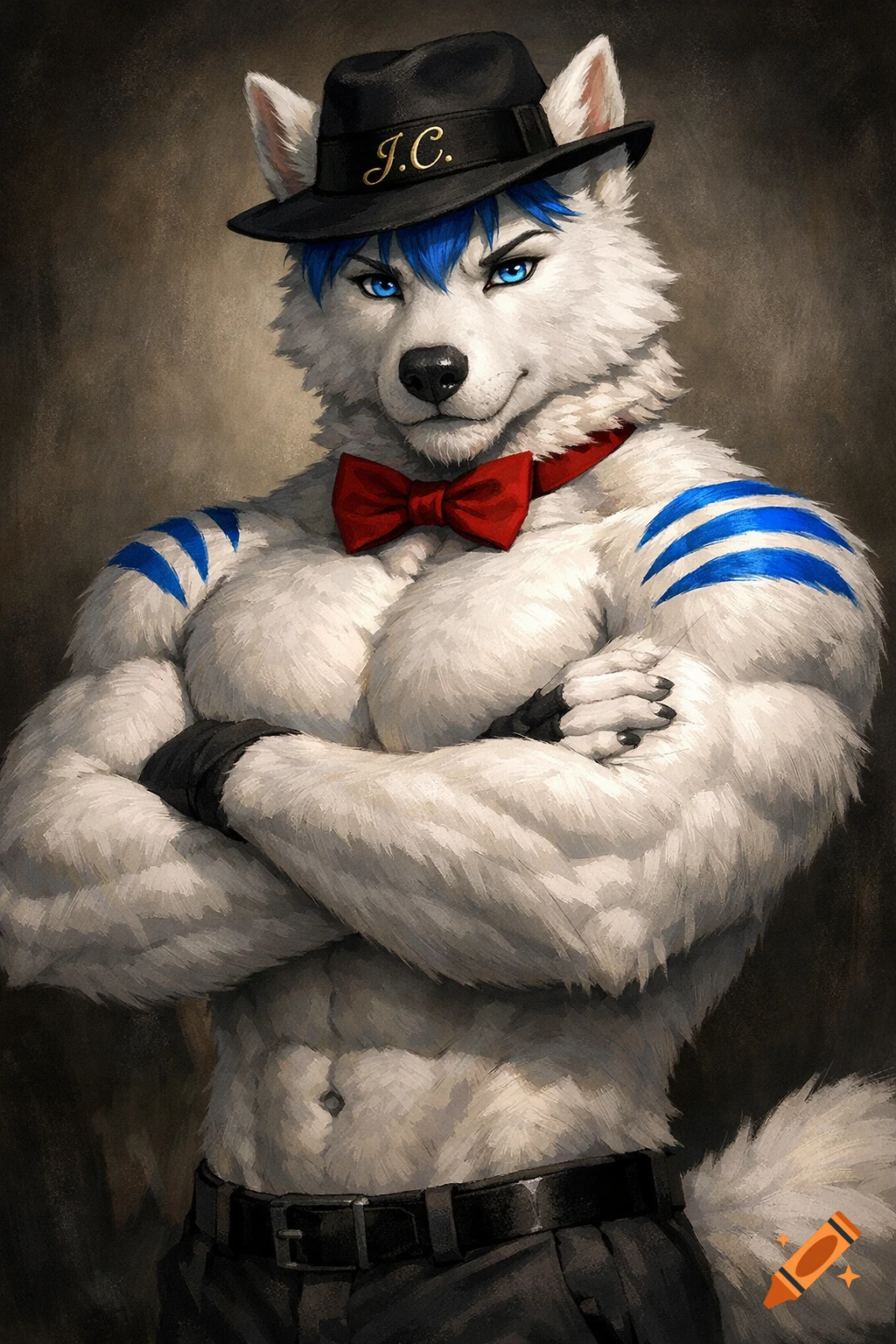 Muscular white wolf fursona with blue hair and eyes, wearing a black hat with "J.C." and a red bowtie.