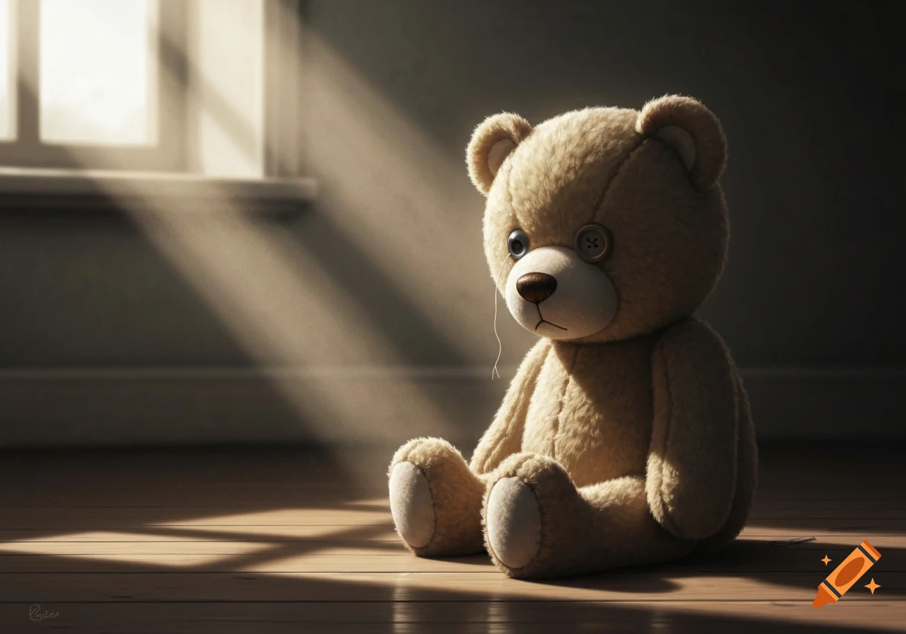 A sad, worn teddy bear with one button eye and a tear-like thread, sitting on a sunlit wooden floor by a window.