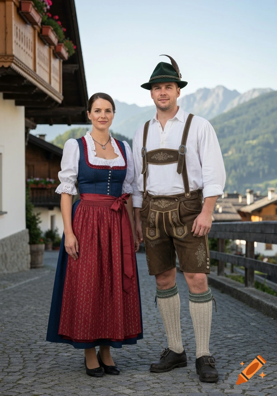 A man and a woman in traditional Alpine folk clothing stand side by side on a cobblestone street in a mountain village.