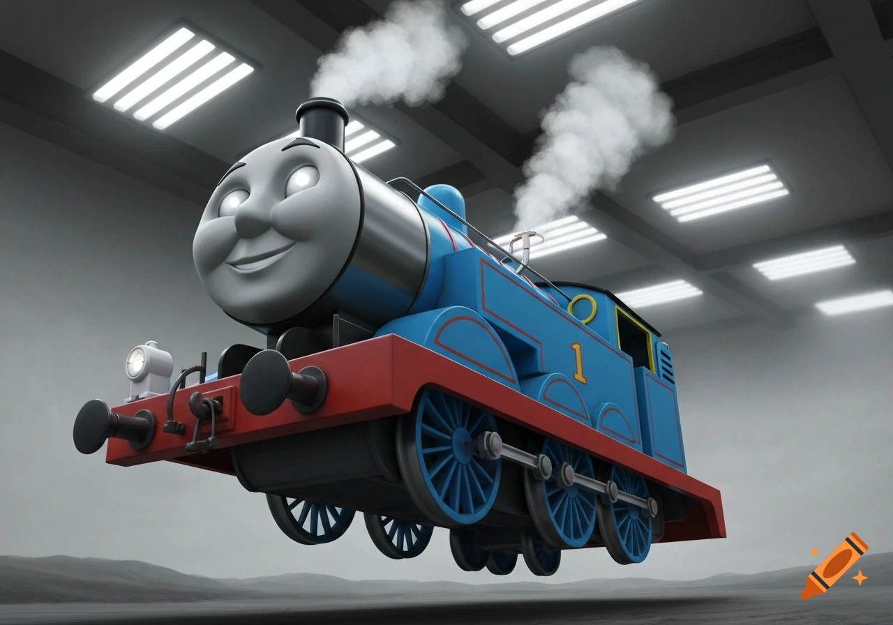 A stylized image of Thomas the Tank Engine with glowing white eyes, floating in a grey industrial setting with bright rectangular lights on the ceiling.