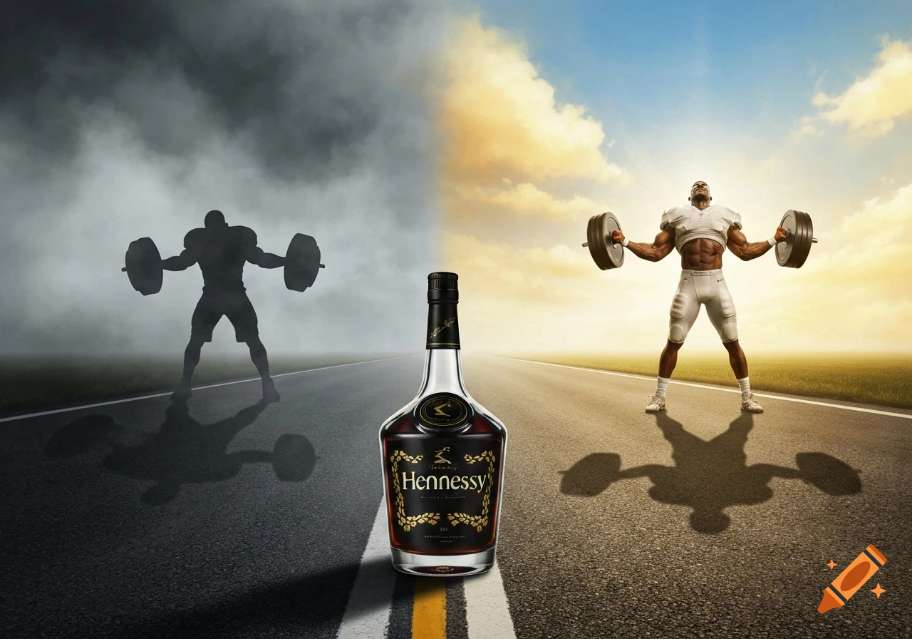 Photorealistic image of a Hennessy bottle on a split road. Dark path has a silhouetted weightlifter, bright path has a muscular football player lifting weights.