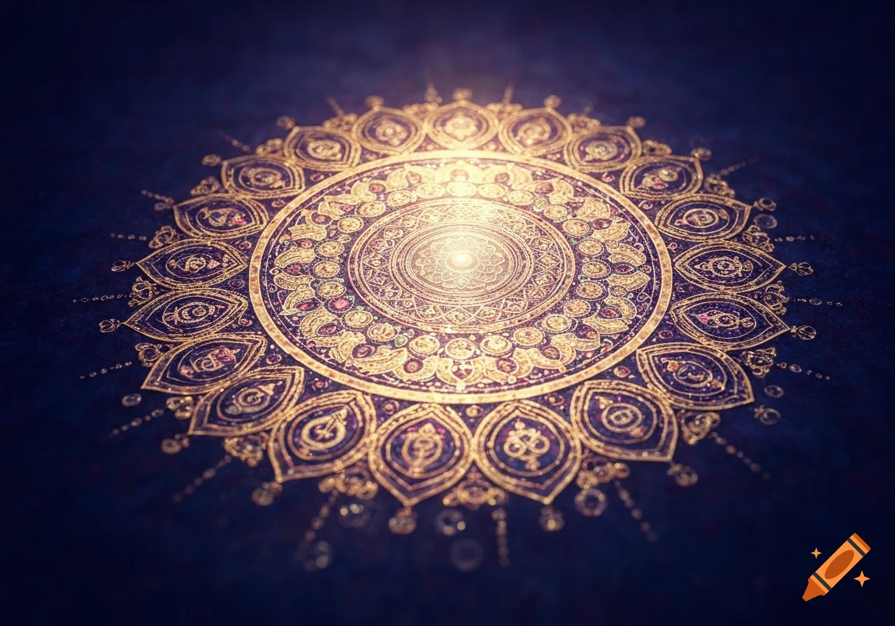 A shimmering golden mandala with intricate patterns on a dark blue background, glowing from the center.
