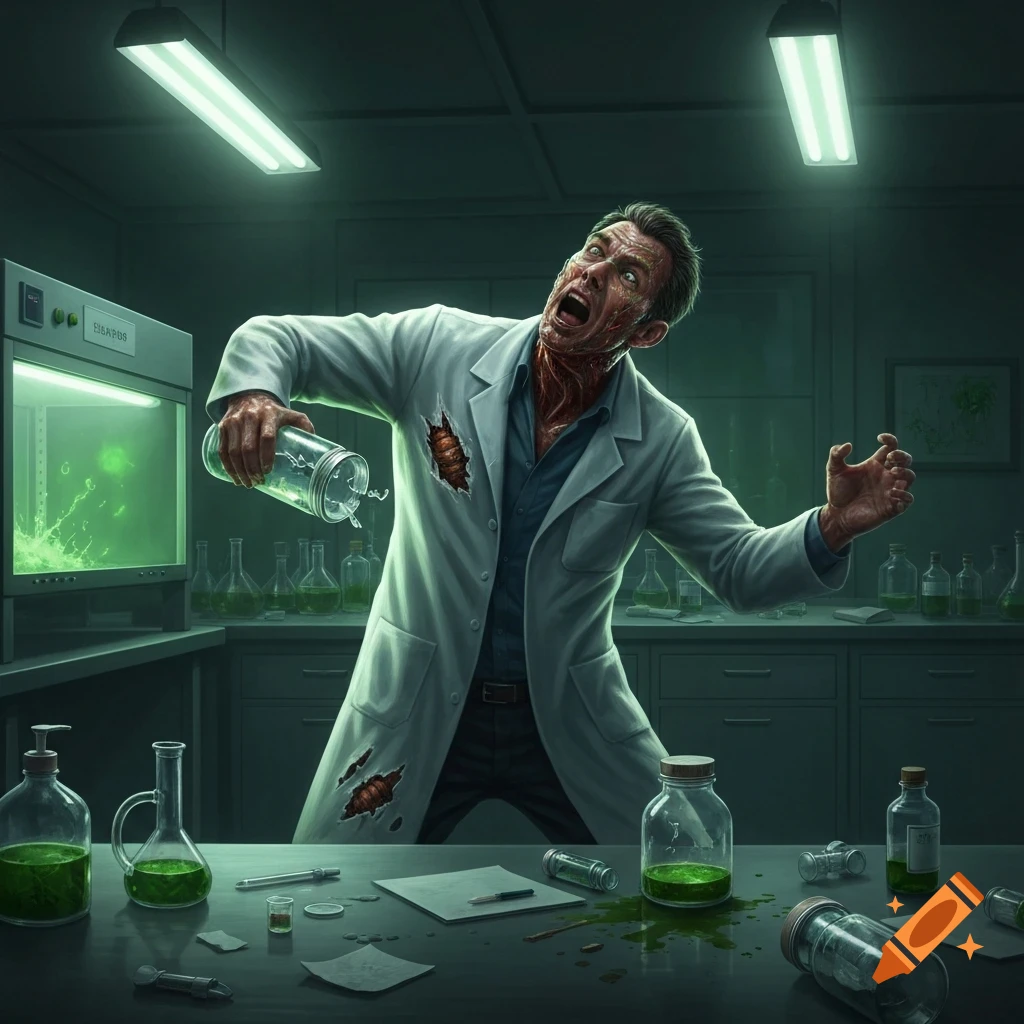 A terrified scientist in a lab coat transforms into a creature, skin torn, holding a beaker as green liquid spills in a dark lab.