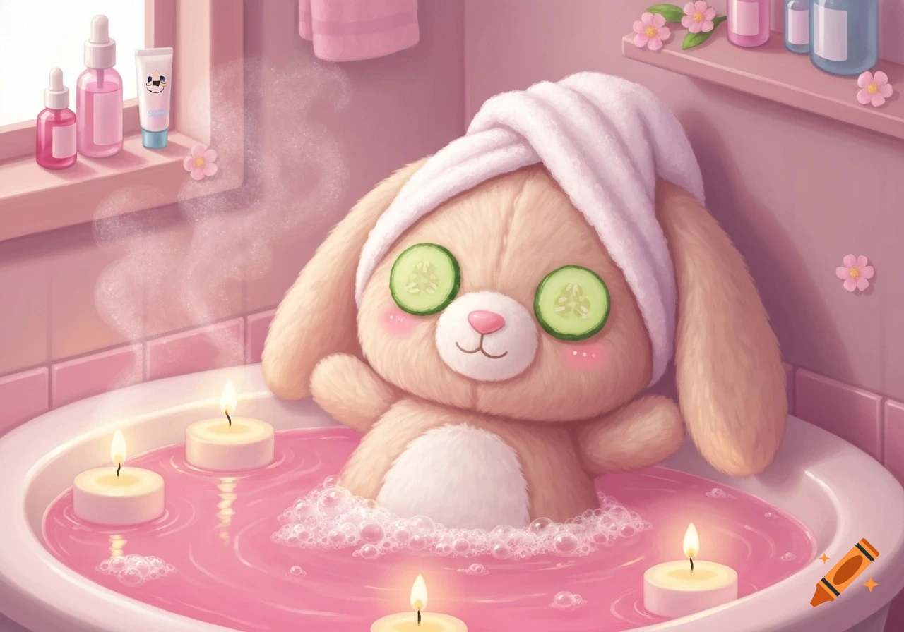 Cute illustrated plush bunny in a pink bubble bath, wearing a towel and cucumber slices, surrounded by candles.
