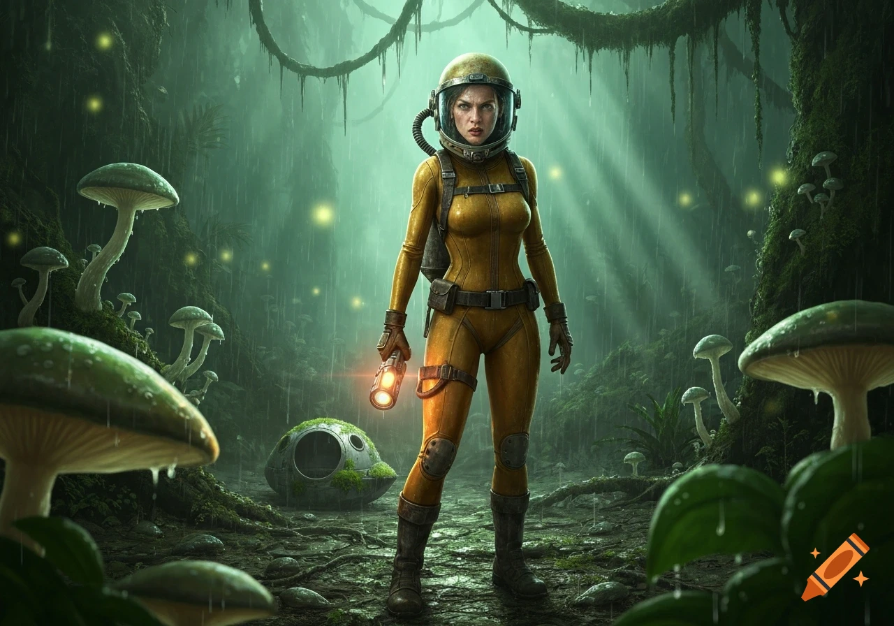 A woman in a yellow astronaut suit holds a flashlight, standing in a dark, rainy jungle with giant glowing mushrooms and an escape pod.