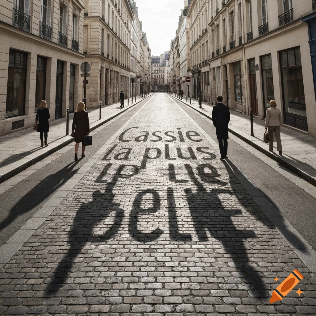 A photorealistic Paris street scene with an optical illusion forming 'Cassie la plus belle' on the cobblestones, as pedestrians walk.