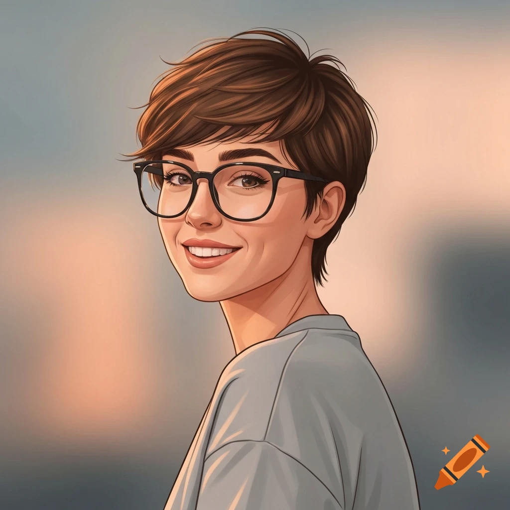 Stylized portrait illustration of a smiling woman with short brown hair and glasses, looking over her shoulder.