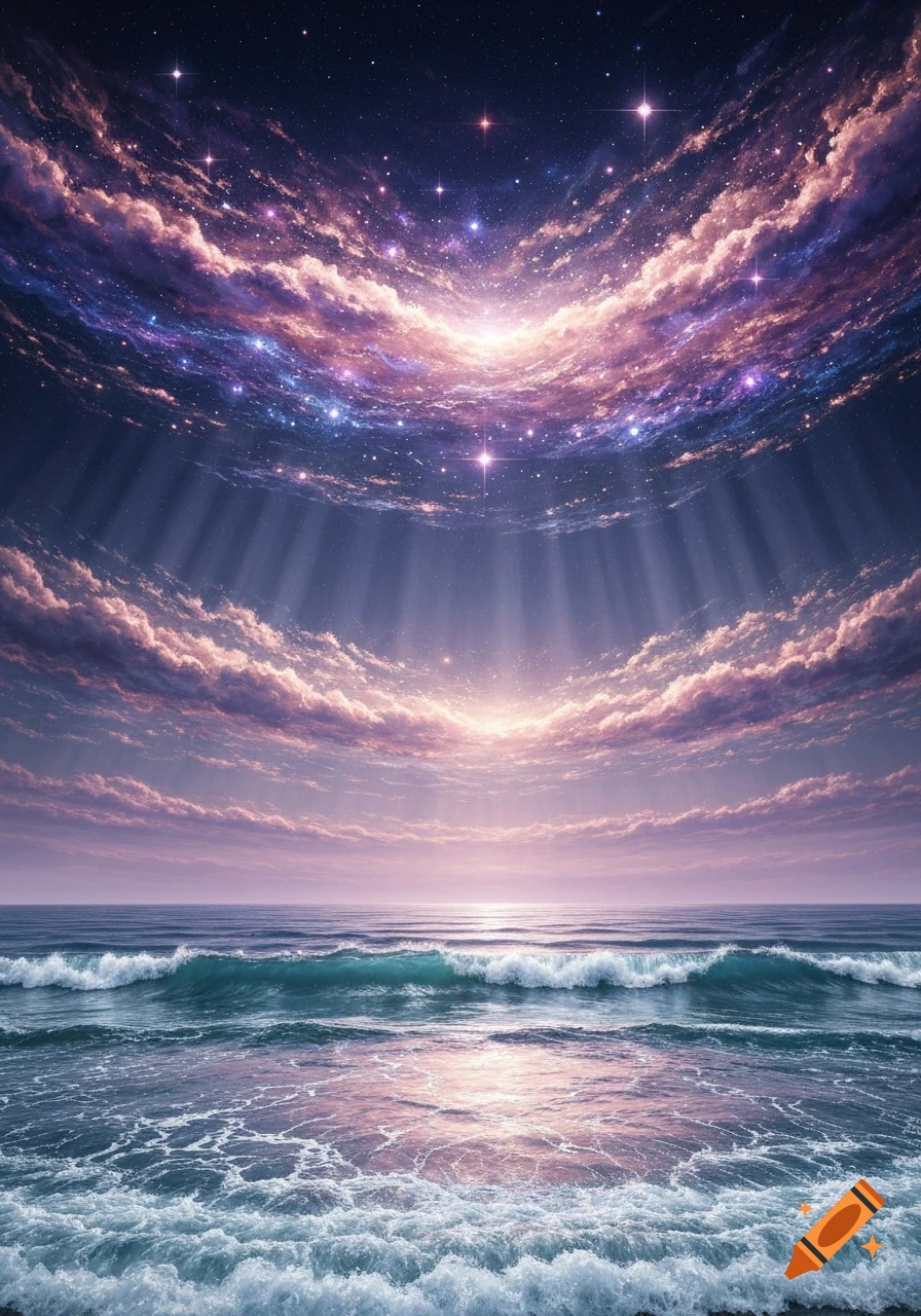 A mesmerizing scene of a starry, colorful nebula-filled sky with rays of light meeting a vibrant ocean with crashing waves.