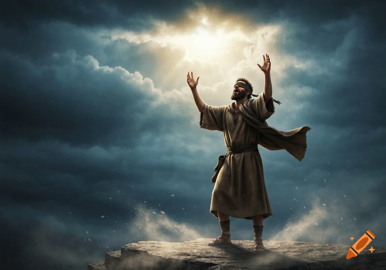 A blindfolded man in ancient robes stands on a cliff with hands raised towards a beam of light breaking through dark clouds.