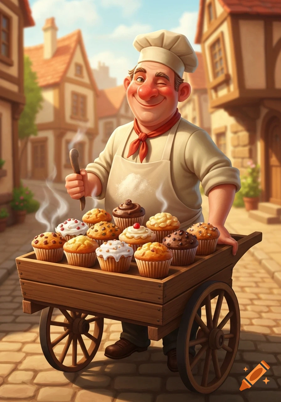 A smiling cartoon baker in a chef's hat pushes a wooden cart overflowing with steaming muffins on a cobblestone street.