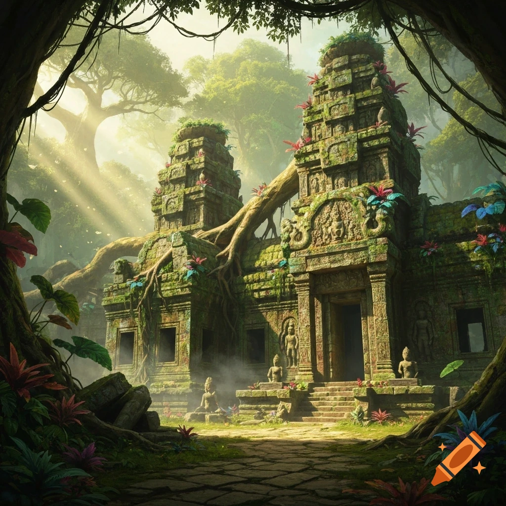 An ancient, moss-covered temple ruins stand deep within a lush jungle, bathed in sunbeams.