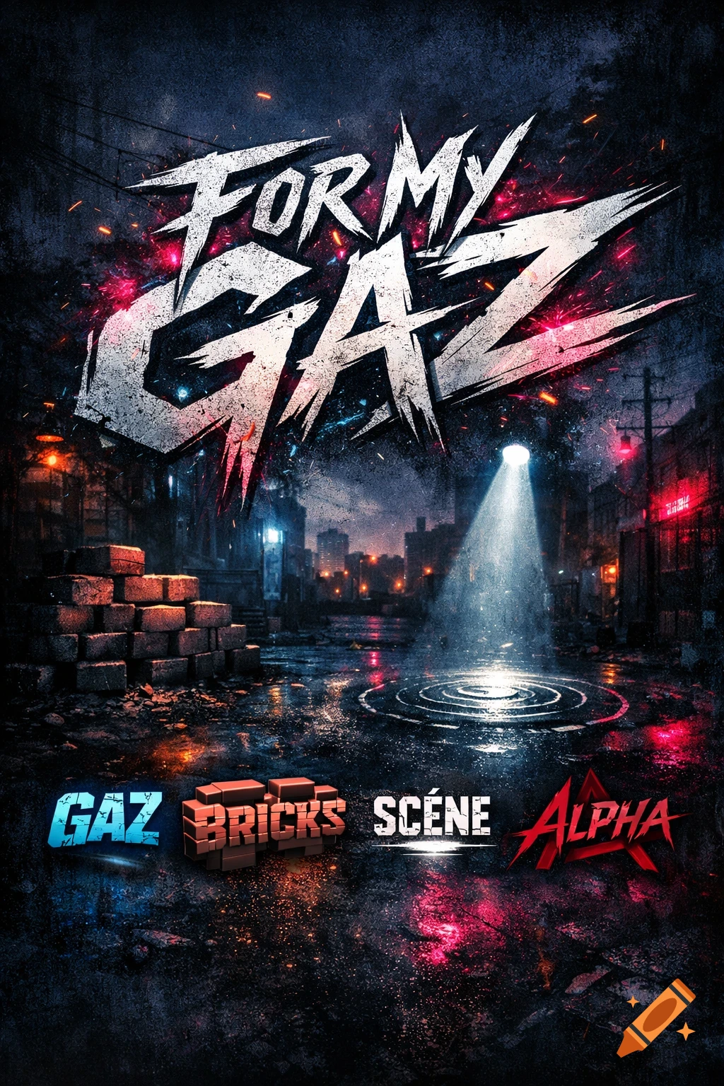 Dark, gritty album cover featuring "FOR MY GAZ" text above an urban night scene with neon lights, a spotlight, and stacked bricks.