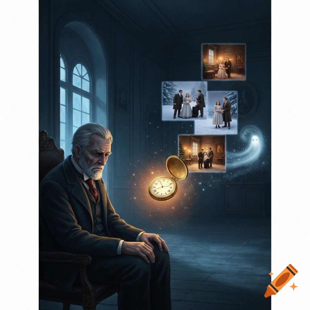 An old man in a chair sadly remembers past Christmases with his family, with a glowing pocket watch and a wispy ghost.