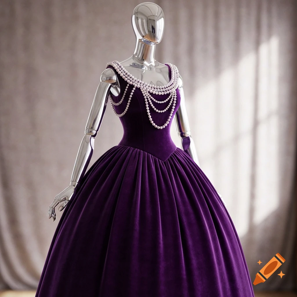 A shiny metallic mannequin models a dark purple velvet ball gown, adorned with multiple strands of white pearls draping over the shoulders and neckline.