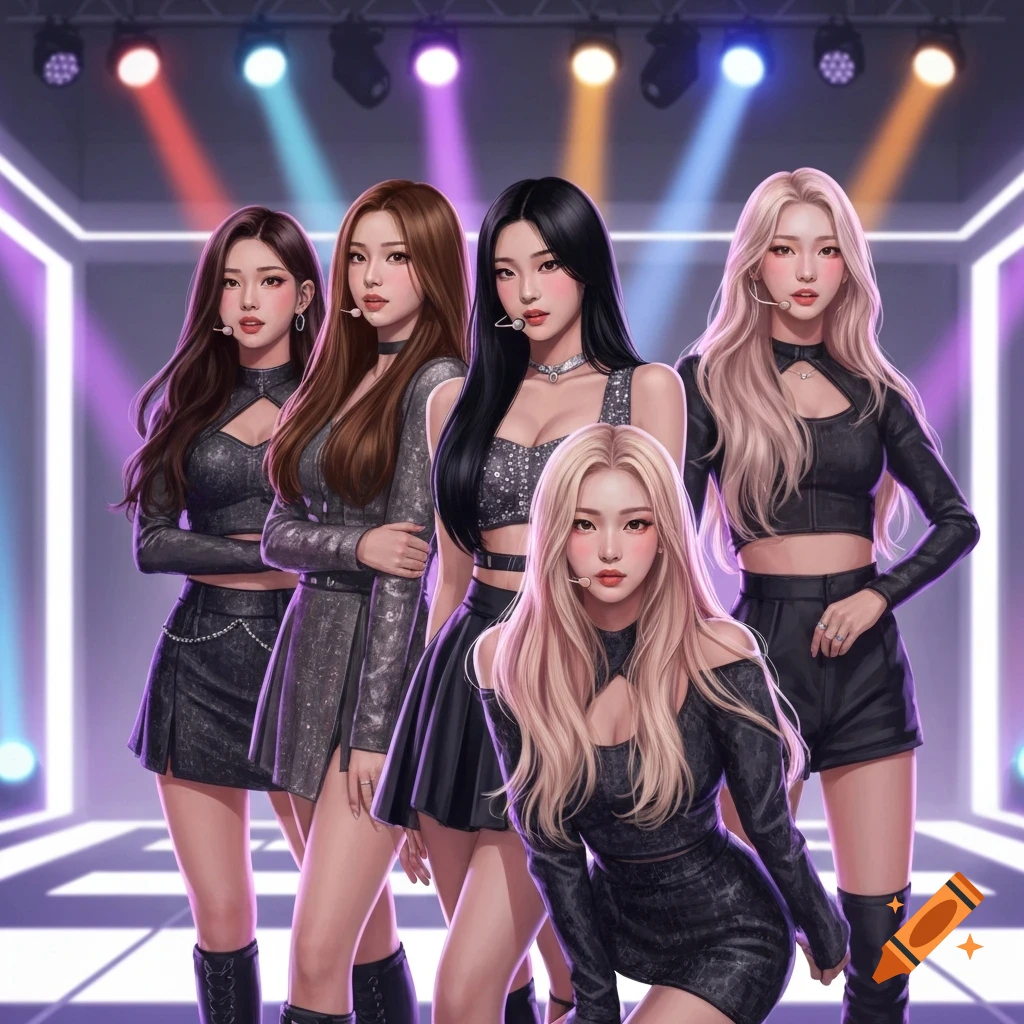 Five anime-style K-pop idol girls in black and silver stage outfits posing under colorful spotlights.