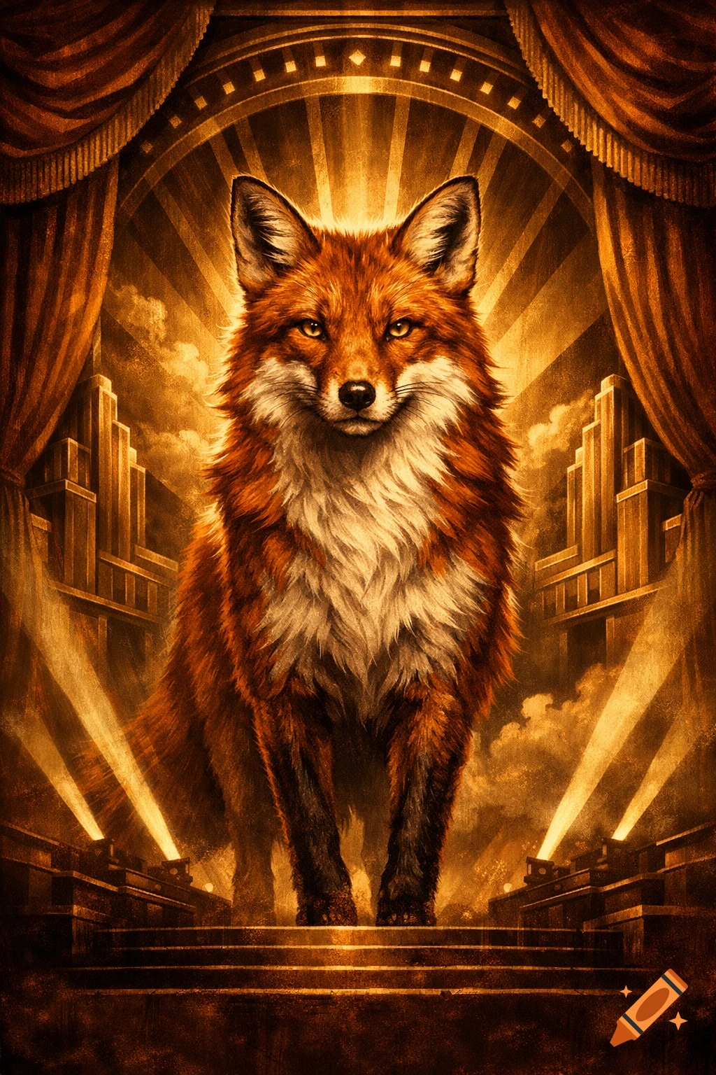 A majestic red fox stands centered on steps, illuminated by golden spotlights in an art deco theater setting with drawn curtains.