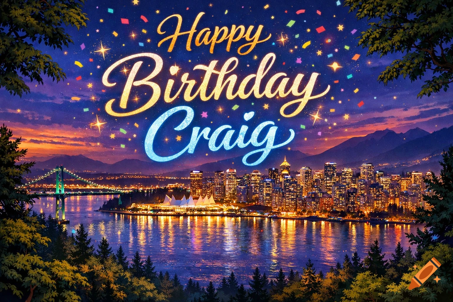 Happy Birthday Craig text over a vibrant sunset cityscape of Vancouver with a bridge and water reflections.
