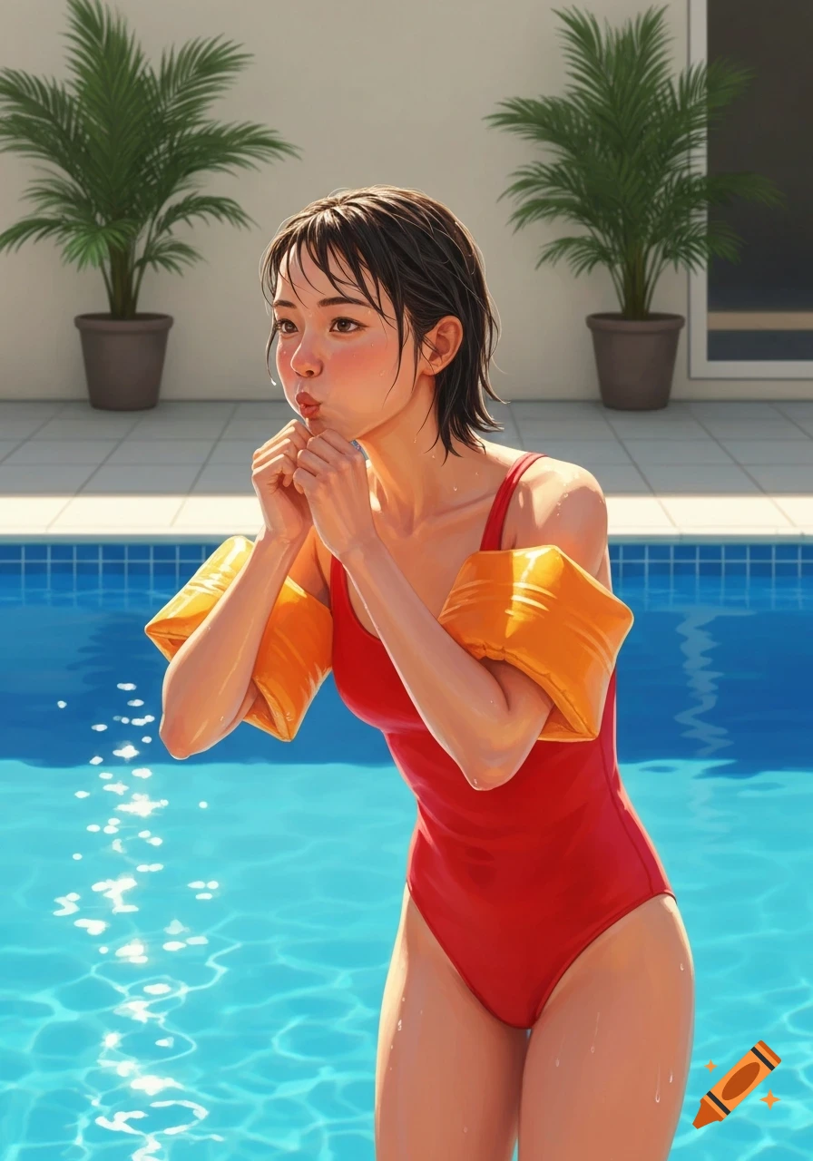 Young woman in a red swimsuit with orange arm floaties, puckering her lips by a swimming pool, in an illustrative style.