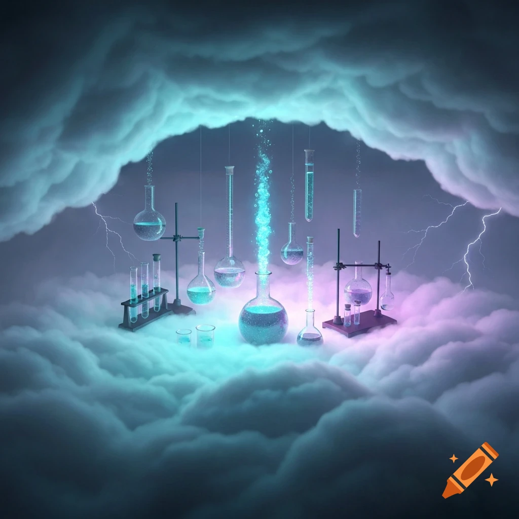 A glowing, ethereal chemistry lab scene with various beakers and test tubes amid swirling clouds and lightning.