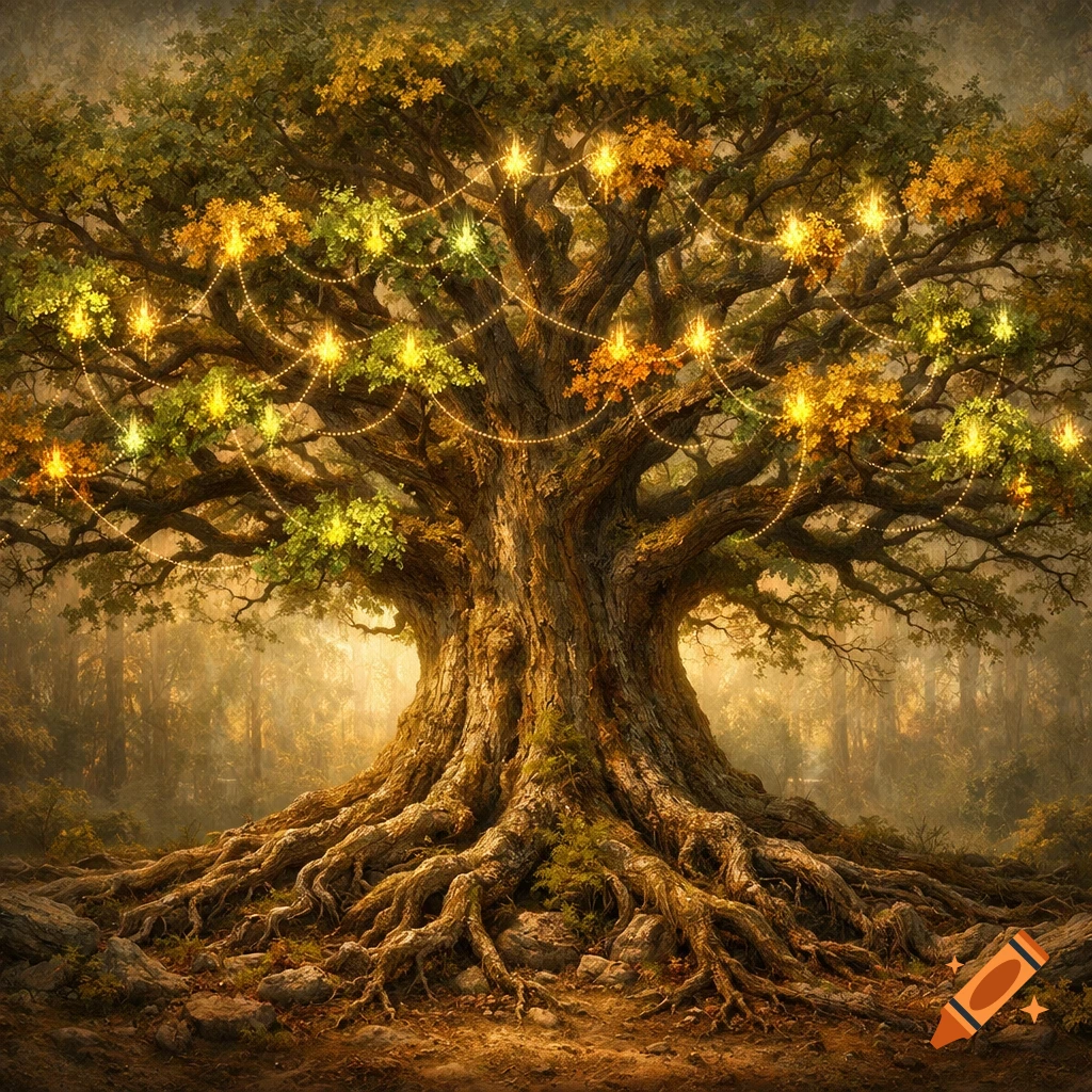 A majestic, ancient tree with sprawling roots and glowing string lights draped through its canopy in a sunlit forest.