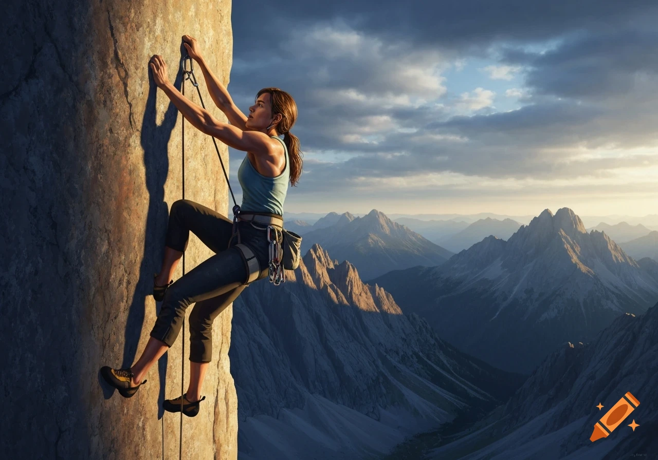 A woman rock climbs a sheer cliff face, overlooking a vast mountain range under a dramatic cloudy sky.