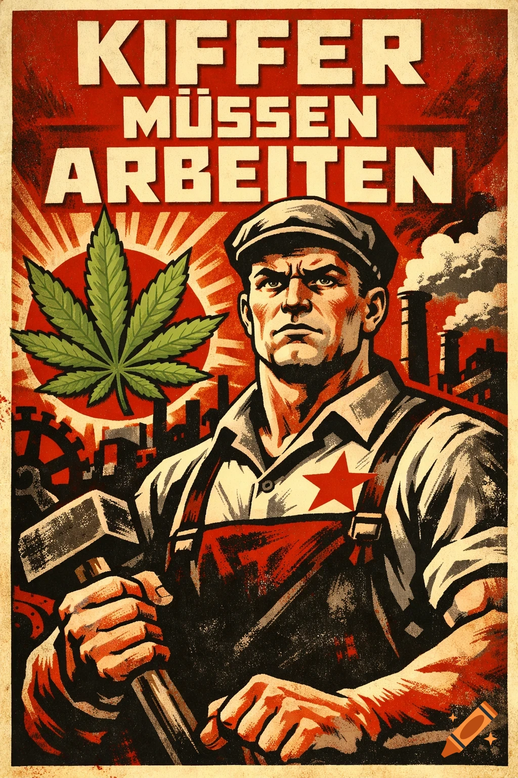 Propaganda poster of a stern man with a hammer, a cannabis leaf, and the text 'Kiffer m ssen arbeiten' in a retro style.