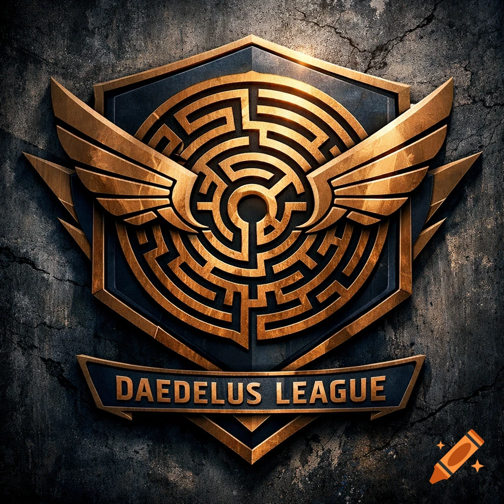 Gold and dark blue metallic crest with wings, a labyrinth design, and 'DAEDELUS LEAGUE' on a banner, set against a dark textured wall.