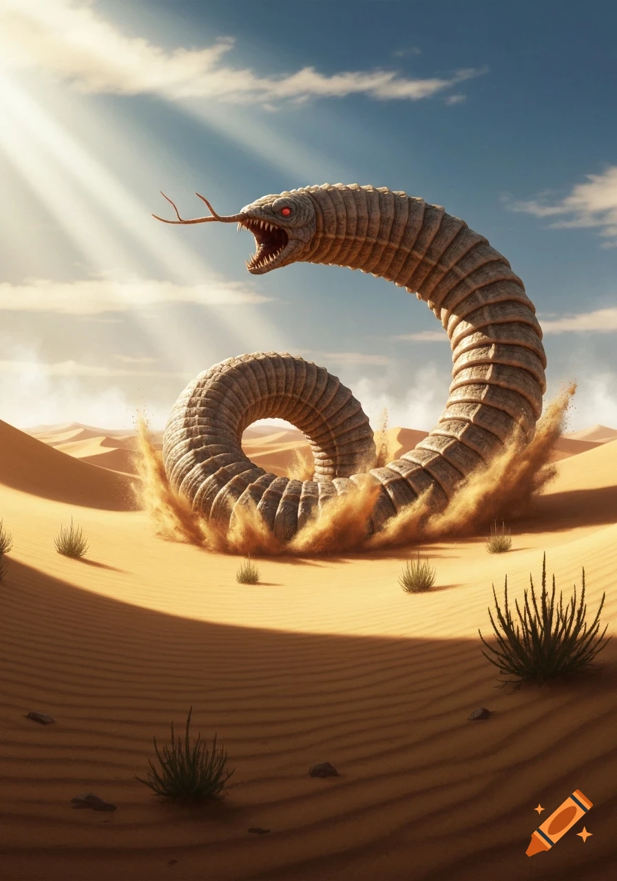 Sandworm Eye Tutorial A colossal, segmented sandworm with red eyes and an open mouth emerges ...