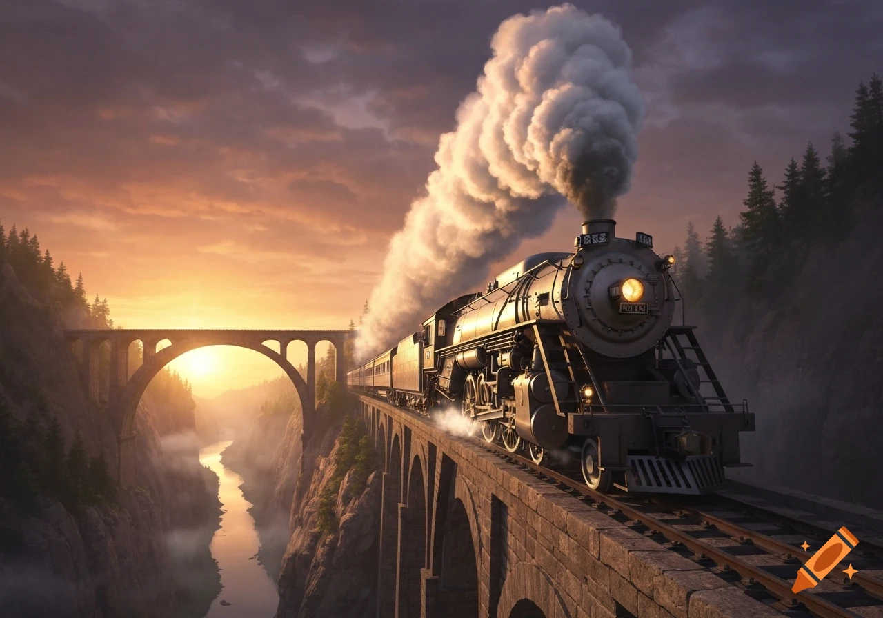 A majestic steam locomotive crosses a stone arch bridge over a river at sunset, with pine trees in a canyon.