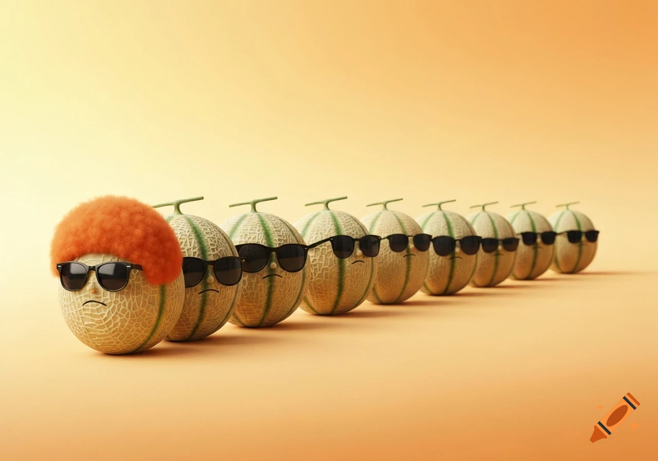 Eight anthropomorphic cantaloupes with sunglasses line up on an orange background, the first having an orange afro.