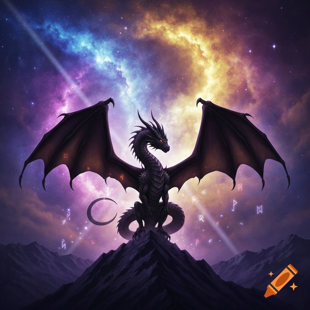 A dark dragon with spread wings perched on a mountain, set against a vibrant purple and gold cosmic sky with floating runes.